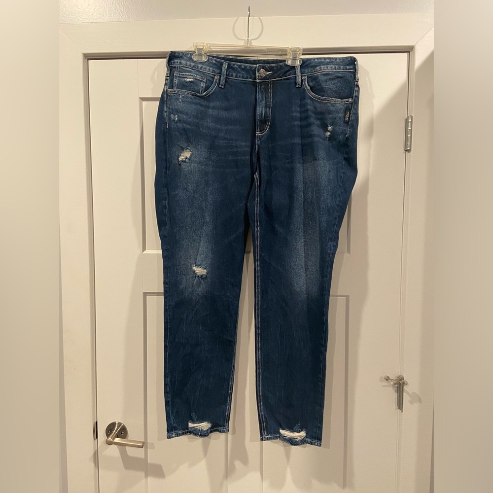 Silver Jeans Boyfriend Dark Wash Blue Denim Jeans Distressed Plus Size 18 x 29